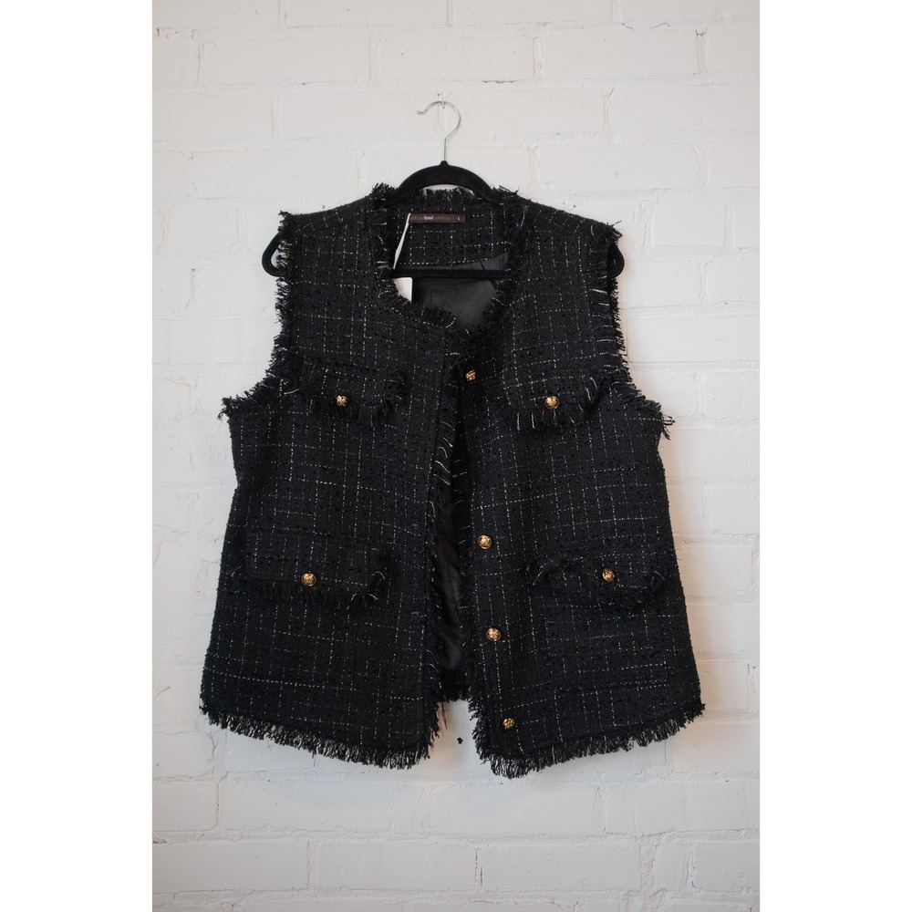 Hazel Black Tweed Boucle Vest Gold Button Frayed Trim Sleeveless Jacket Large